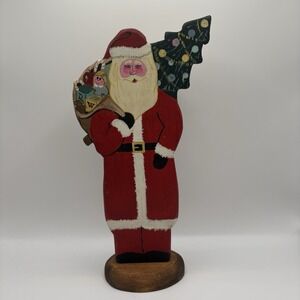 Vintage Christmas Santa Claus Wood Folk Art Hand Painted Gift Bag Tree 11.5 Inch
